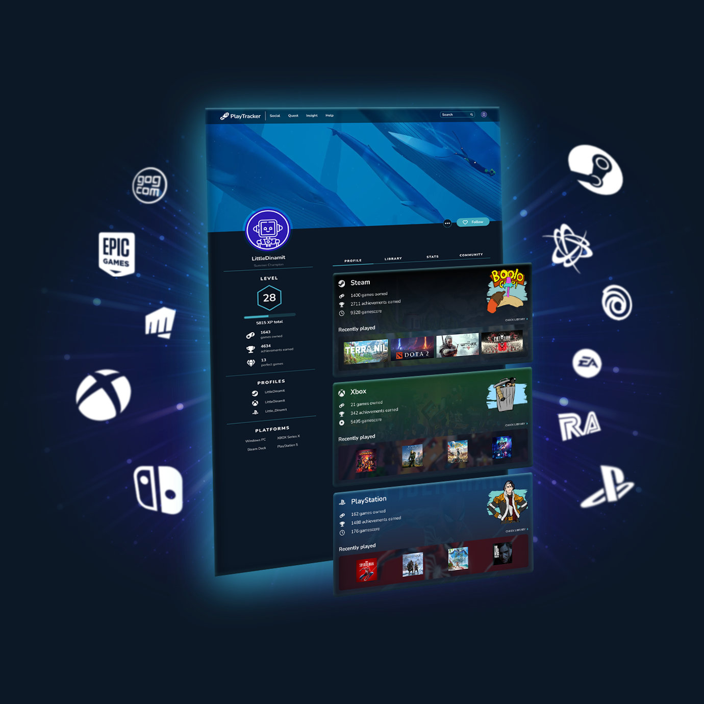 A screenshot of a richly decorated PlayTracker profile with the icons of every major gaming platform flying around it, symbolizing how the profile unites the data from all of them